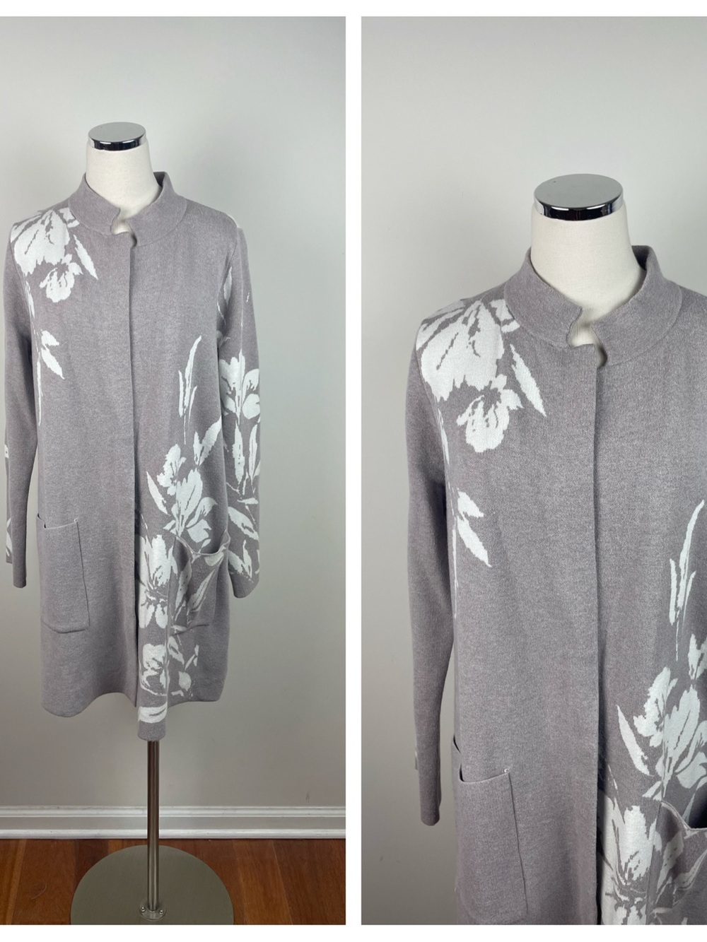 Joie Tan Brown White Floral Duster Long Sleeve Sweater Jacket Women Medium